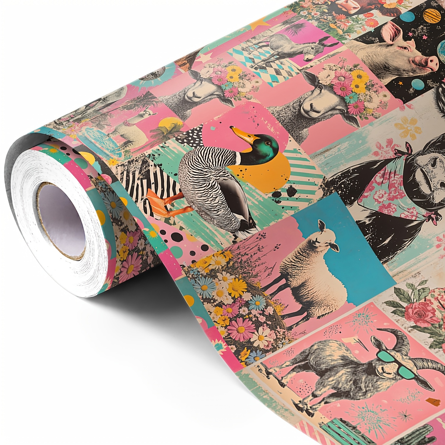 Image of Colorful Farm Animal & Flower Wrapping Paper Roll, Gift Wrap With Sheep, Pig, Duck, And , Thick Durable Paper For Birthday, Party, Diy Crafts & Celebration Packaging