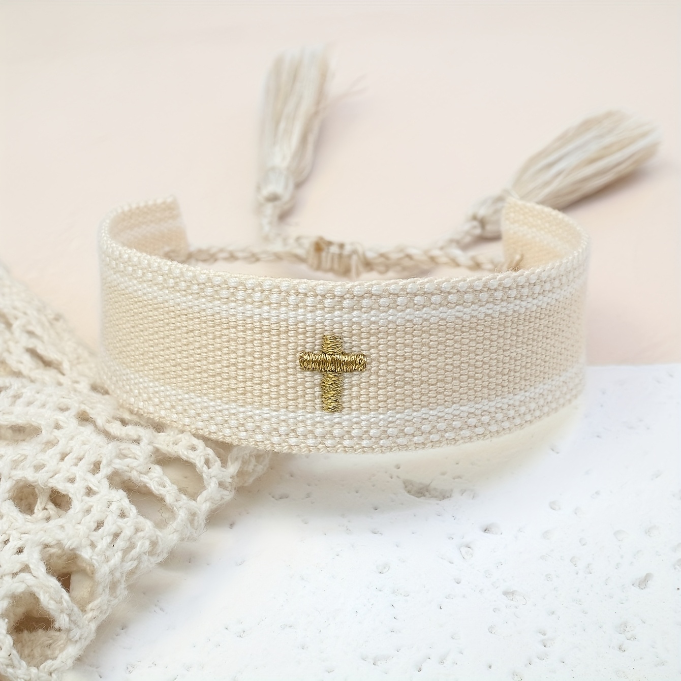A Handcrafted Vintage Tassel Bracelet With An Embroidered Cross, Adjustable In Size, Perfect For , Family, , And As A Festive Gift For Everyday Wear And