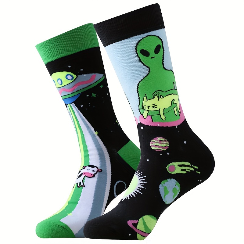 

2 Pairs Of Unisex Cotton Fashion Novelty Socks, Funny Alien Patterned Men Women Gift Socks, For Outdoor Wearing & All Seasons Wearing