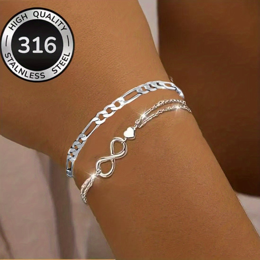 E-shop 2er Set Herren & Damen 316 Edelstahl Infinity & Cuban Link Armbänder – Hypoallergen, geeignet für täglichen Gebrauch, Partys, Urlaub – Passendes