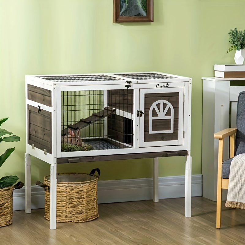 pawhut wooden rabbit hutch indoor elevated guinea pig cage with run ladder lockable doors and removable tray coffee