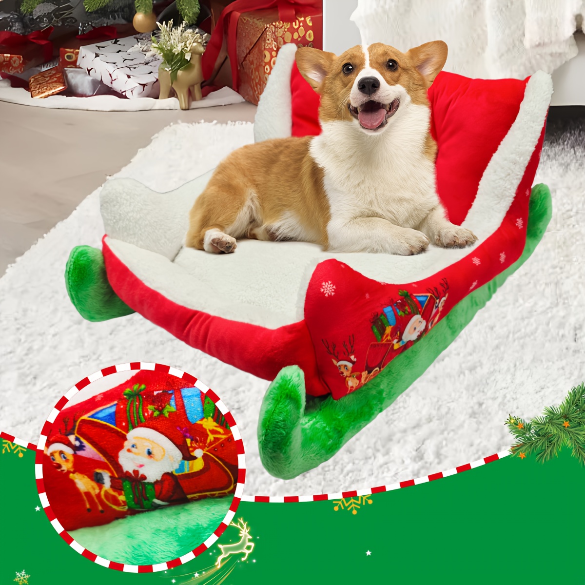 heated christmas sleigh pet bed with removable washable cover -   thickened dog bed with plush filling, red & green festive design with white fur trim, sturdy frame &   - ideal for large/small/  dogs,   house, cozy winter bed for home decor, no  ,   gift,   fabric Product details 2
