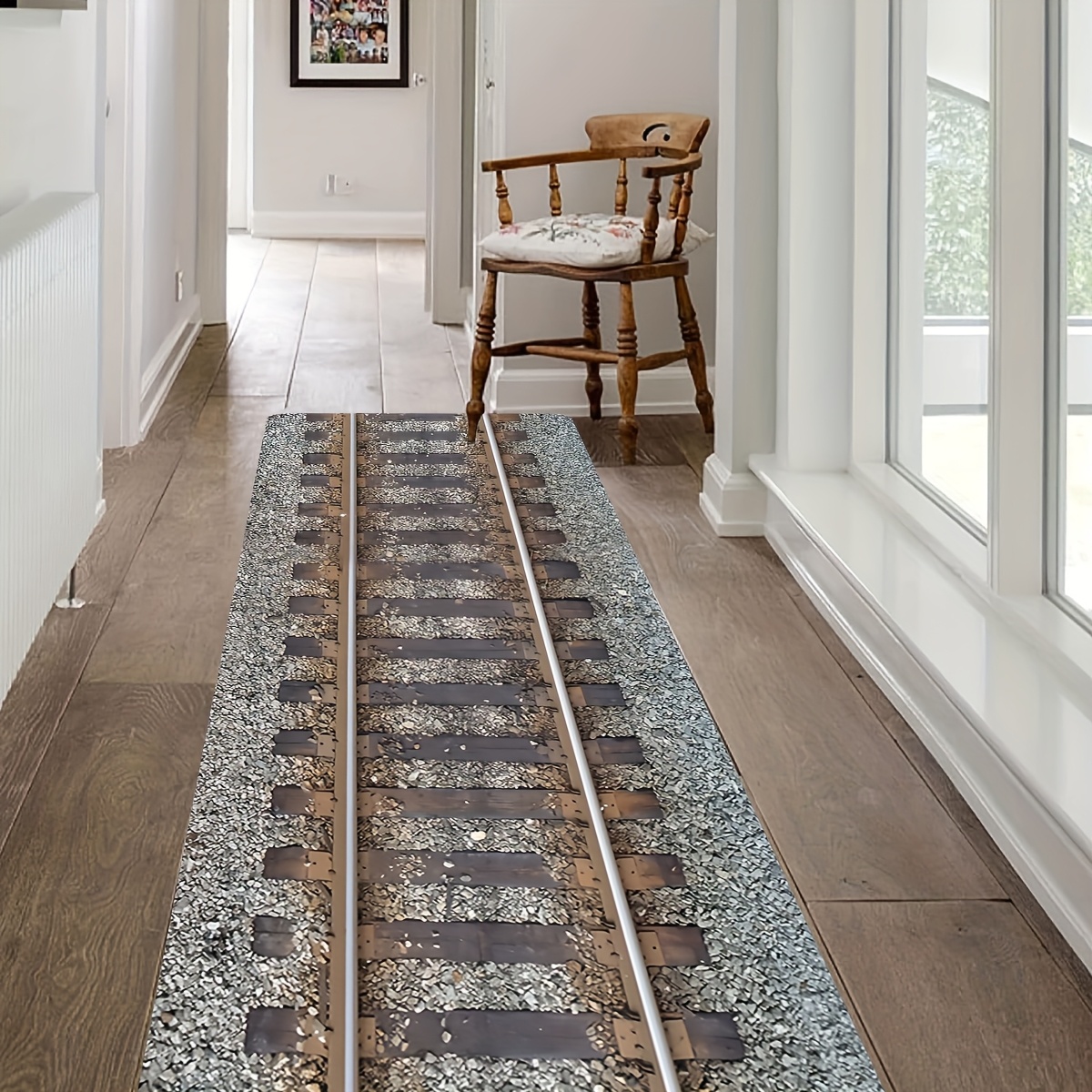 TEMU 1pc Retro Train Track Corridor Decorative Mat, Machine Washable, Suitable For Corridor, Living Room, Yoga Mat, Kitchen, Laundry Room, Bathroom