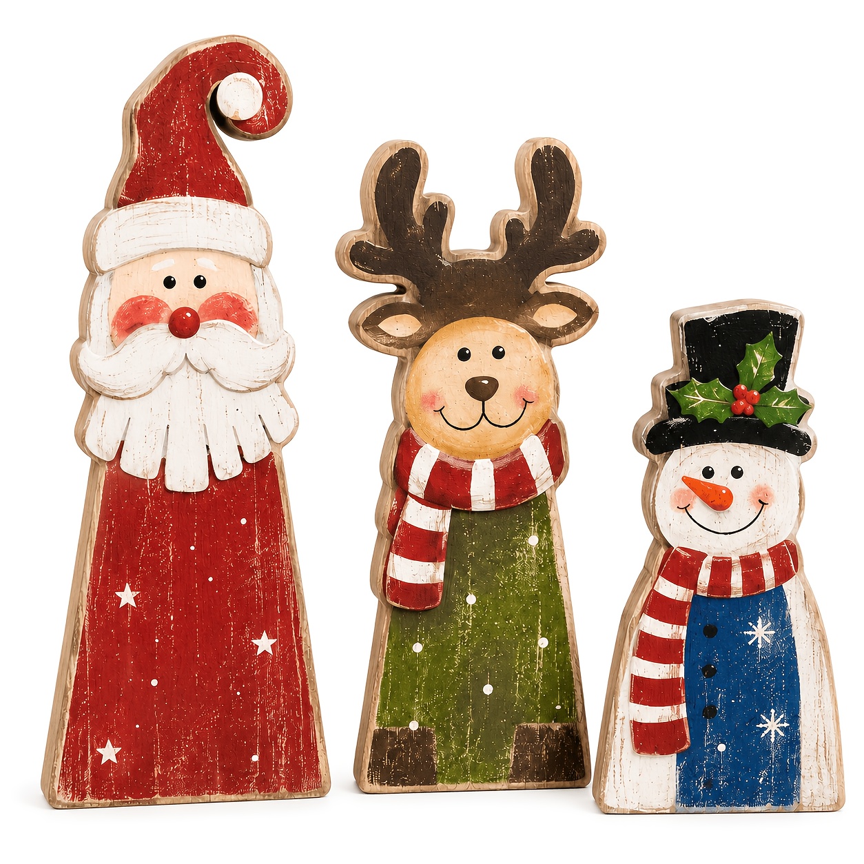 TEMU Christmas Party Table Centerpiece, Retro Distressed Wooden Christmas Decor, Santa Reindeer Snowman Country Farmhouse Style Tableware Tiered Tray