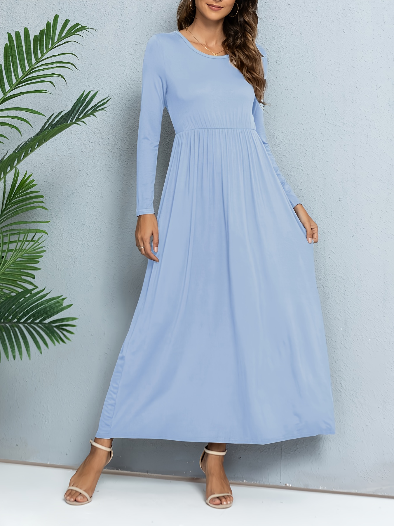womens casual a line long sleeve dress solid color machine - Temu Spain