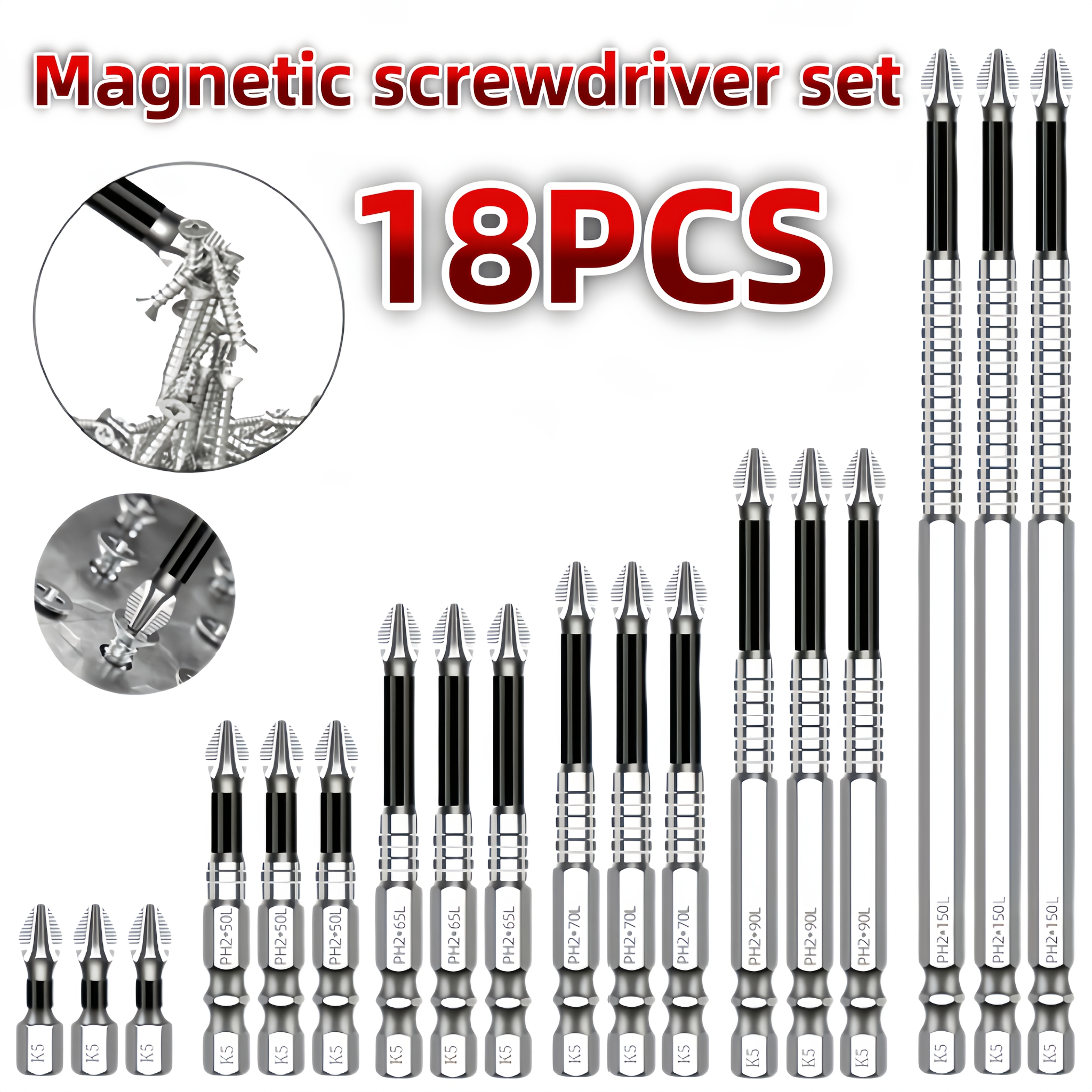 TEMU 18pcs K5 Anti-slip Shock-resistant Threaded Drill Bit Set, Suitable For Electric Screwdrivers - High Hardness, Durable, Anti-slip, Shockproof