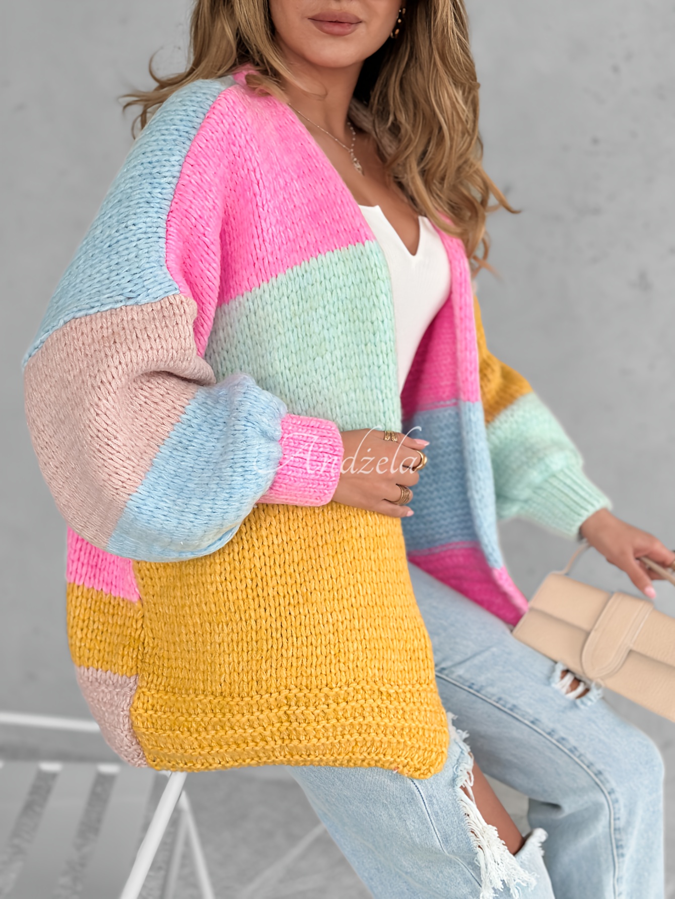 Plus Size Plus Size Women'S Elegant Color Block Cardigan Vibrant Pink,  Blue, Yellow Orange Long Sleeve Open Front Sweater for Fall/Winter,