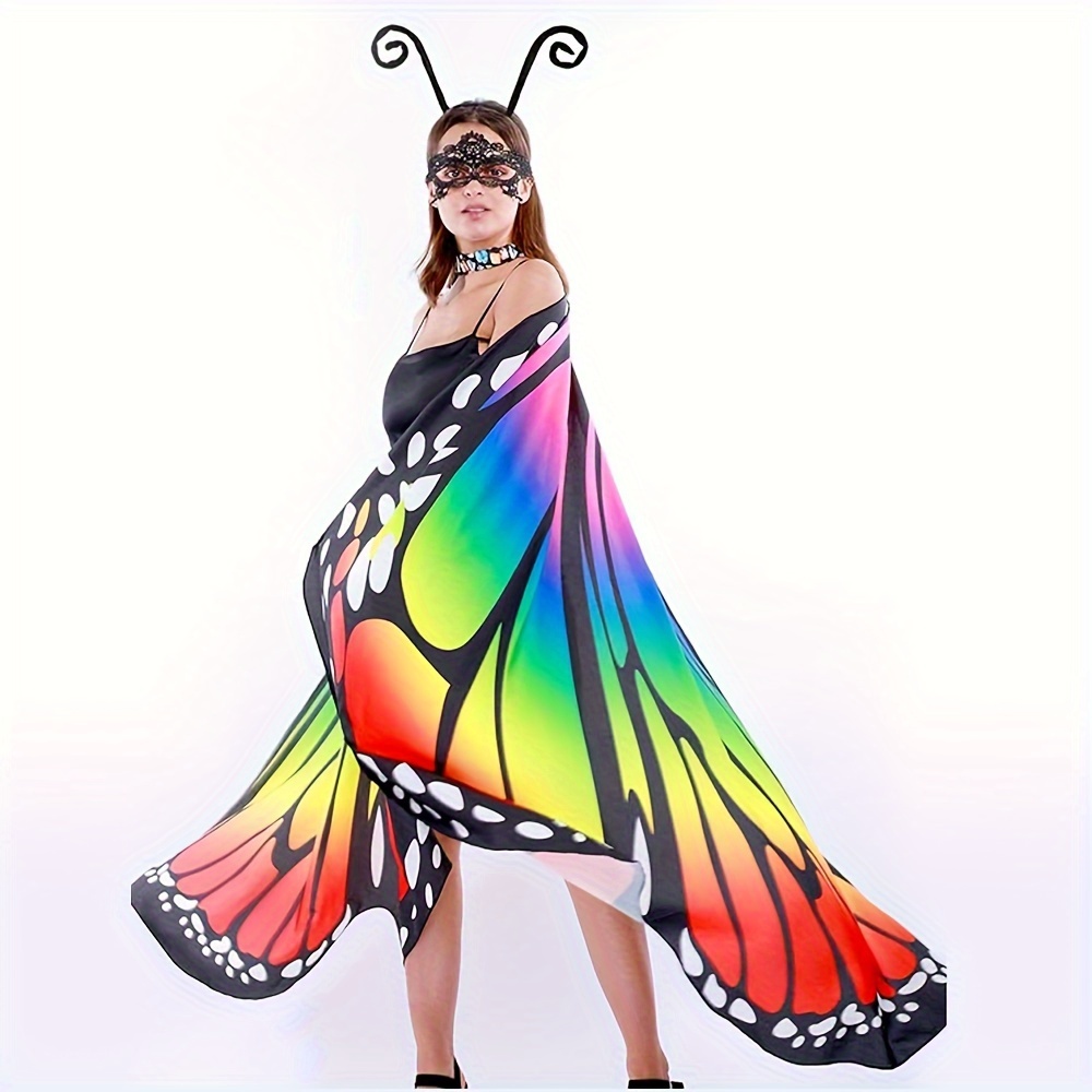 3-teiliges Kostümset mit Schmetterlingsflügeln, Feenumhang für den täglichen Gebrauch mit Antennenstirnband und Spitzenmaske, Halloween-Outfit für Damen, farbenfroher Partyschal als Verkleidungszubehör