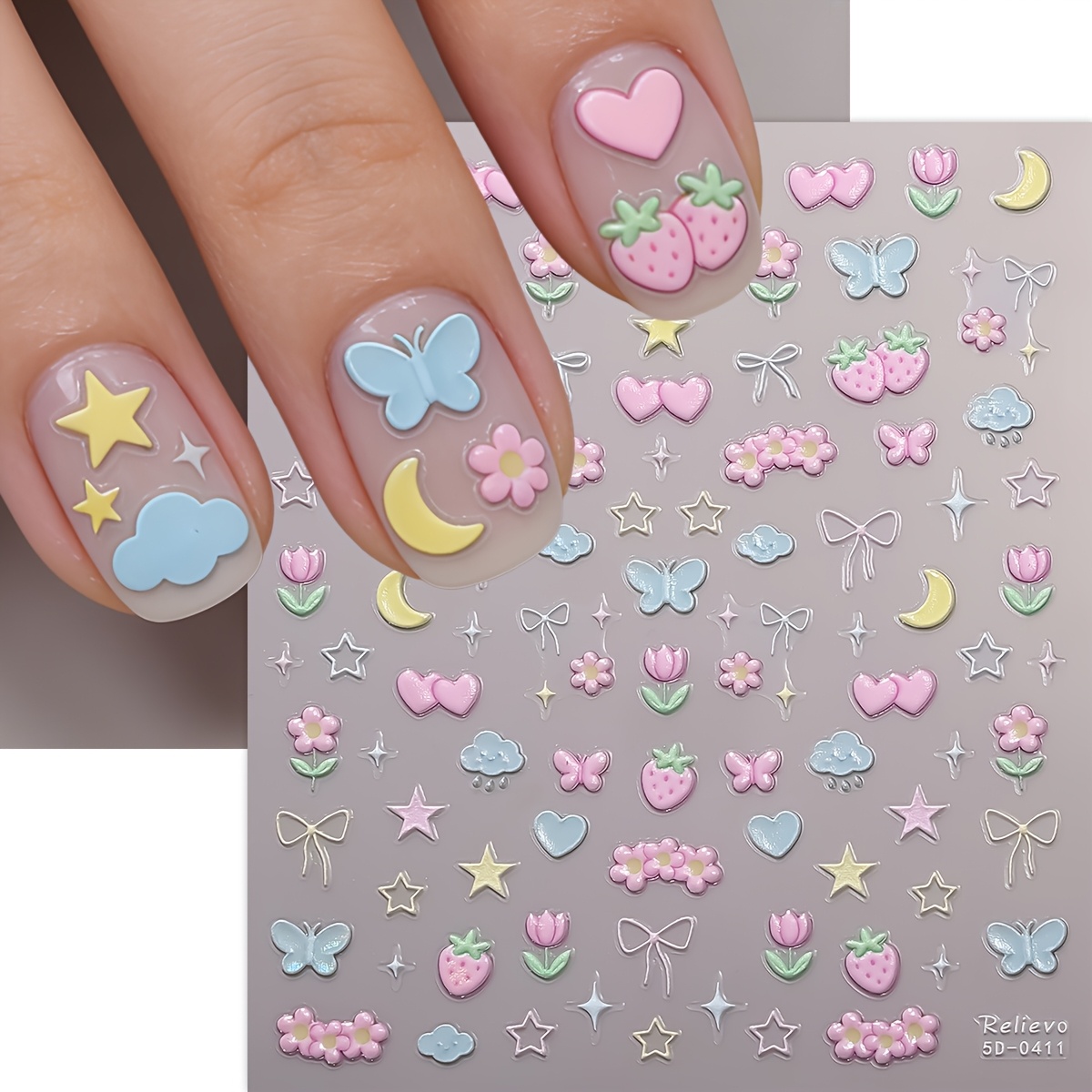 Image of 1pc 5d Summer Flowers Fruit Nail Art Sticker Embossed Floral Star Bow Self-adhesive Nail Decals For And Women Nails Diy Manicure Decoration