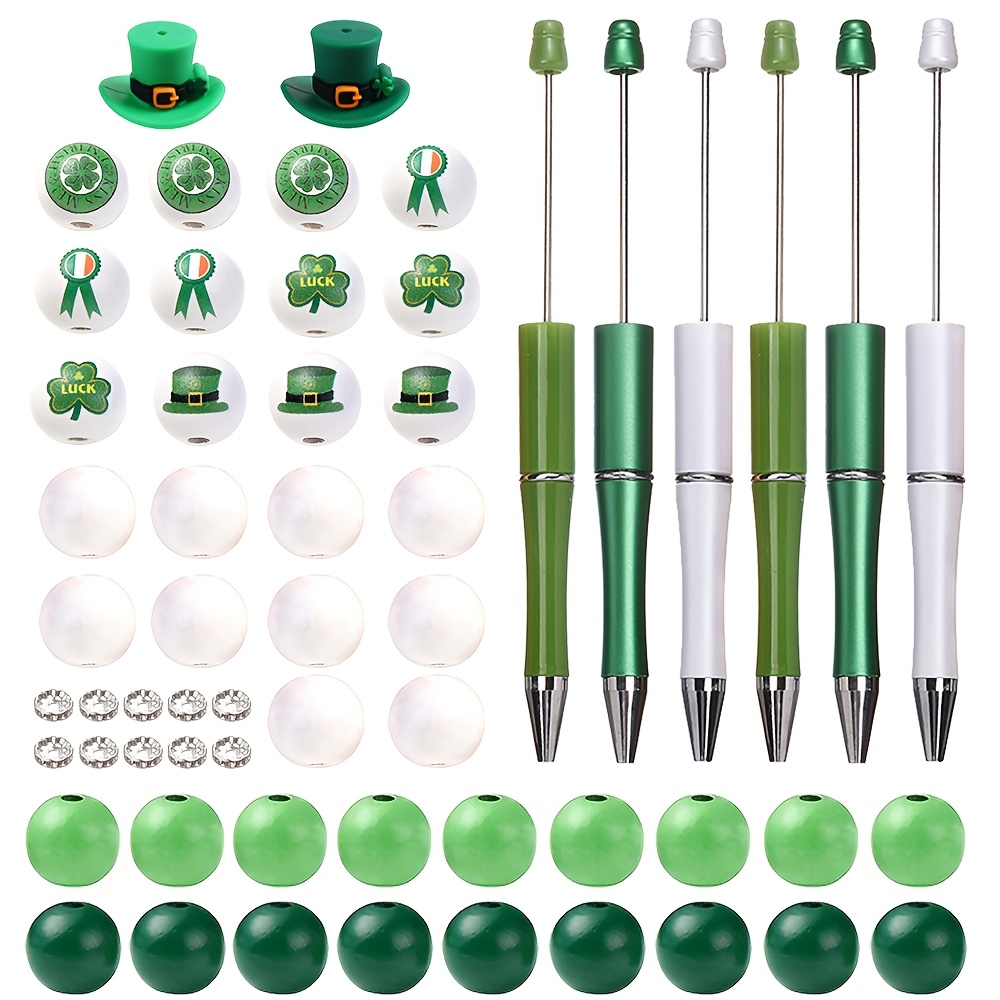 

60pcs Germeglity 's Day Beadable Pens Set, Elegant Leaf Detail, Wood & Plastic Crafting Writing Pens With Assorted Beads, Diy Beading Kit For Home Party Decor, Theme, No Power Required