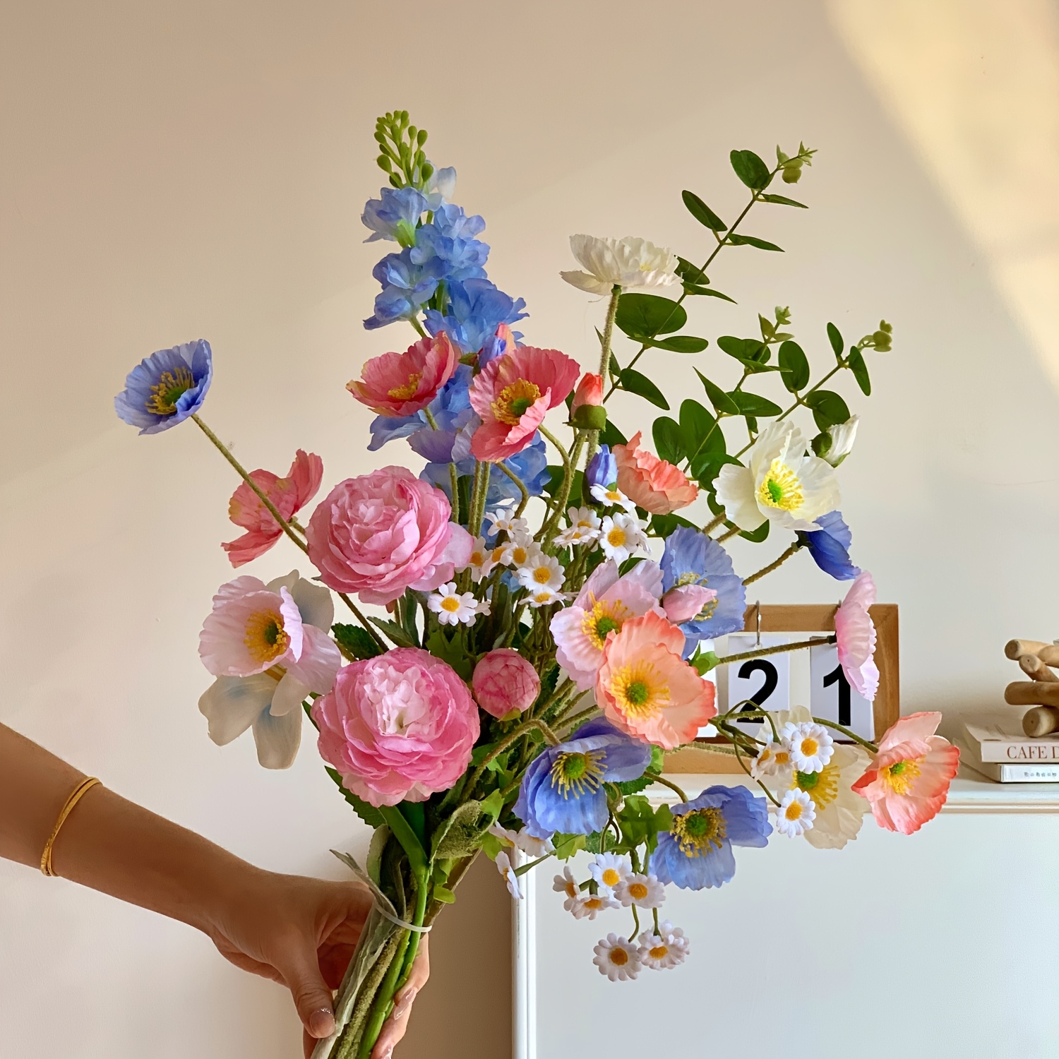 11-stem Rhoeas Mixed Artificial Flower Bouquet, Colorful Handheld Bouquet, Photography Prop, Artificial Rhoeas Flowers For Living Room Arrangement, Placement In Dining And Living Rooms