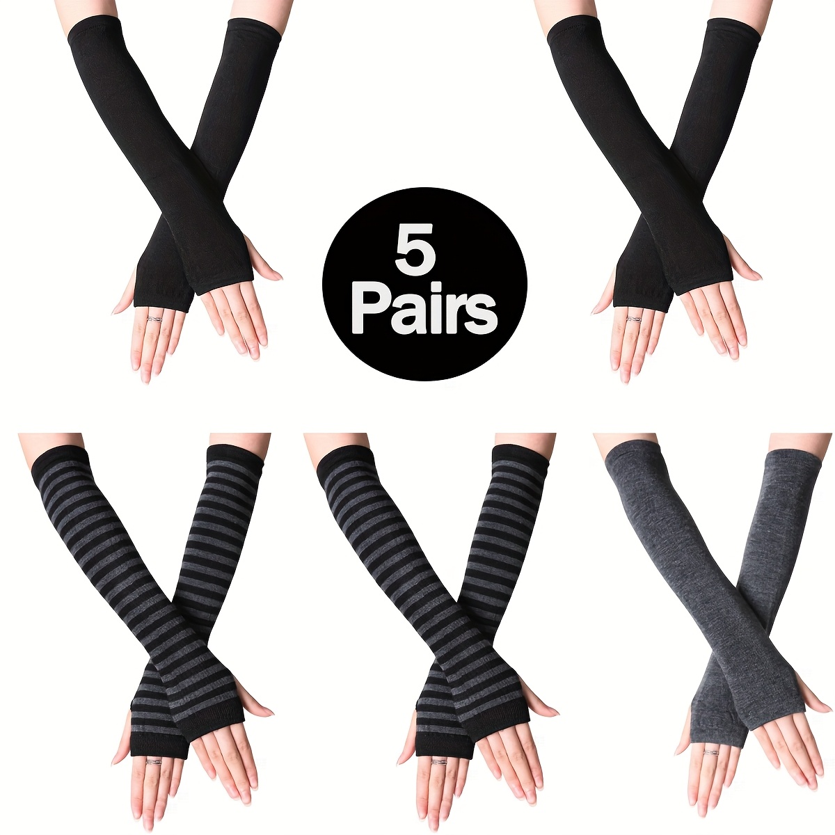 TEMU 5 Pairs Women's Y2k Striped Fingerless Gloves - Soft Warm Long Arm Covers With Thumb Hole, Touchscreen Compatible, And Stretchy Machine Washable