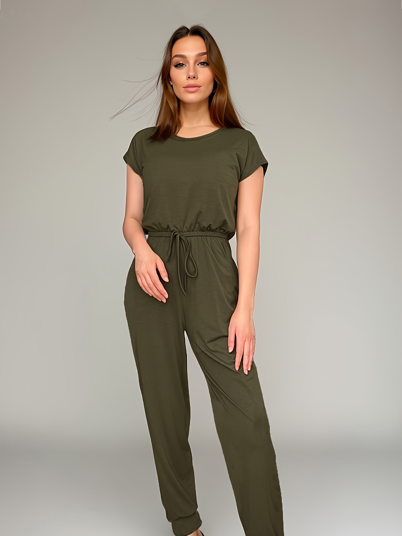 Women'S Olive Green Casual Jumpsuit Short Sleeve, Drawstring Waist, Loose  Fit, Lightweight Polyester Blend Fall/Winter Casual