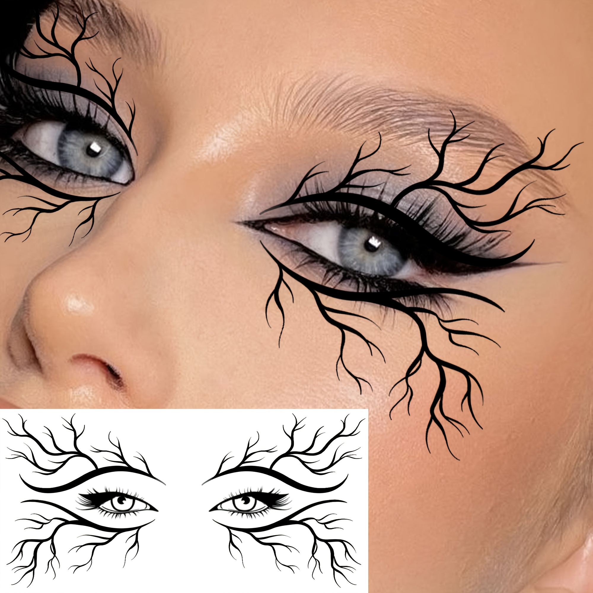 TEMU 1 Hoja de Tatuajes Faciales de Halloween Ojo Pestaña de Ojos Delineador de Ojos, Calcomanías de Tatuajes Falsos de Vías Sanguíneas Realistas y