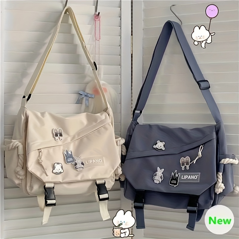 

Trendy Flap Messenger Bag With Badge Decor, Large Capacity Harajuku Style Schoolbag For Students, Lightweight Travel Shoulder Bag