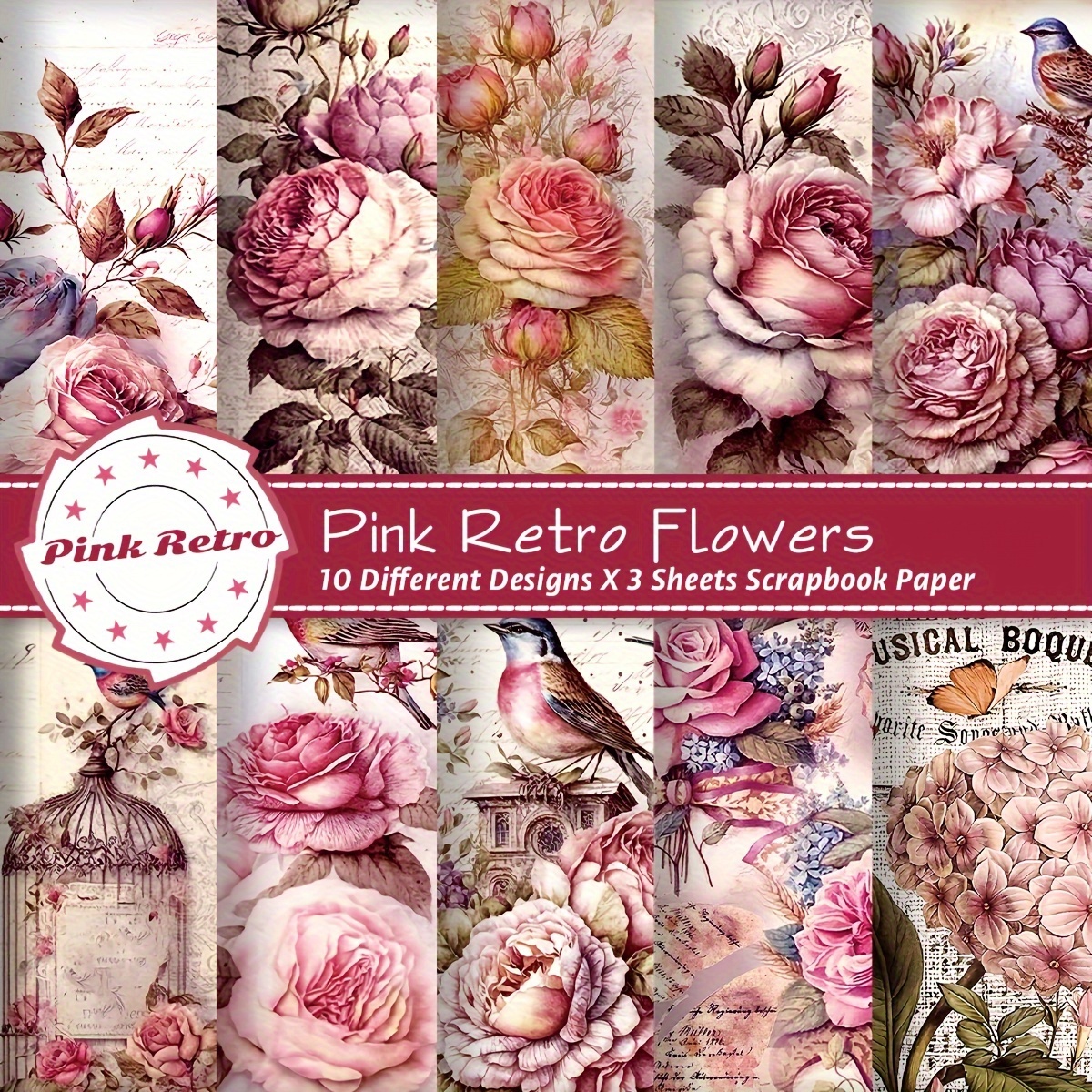 

Pink Retro Flowers , Vintage & Bird Patterns, 5.5x4.3 Inch Postcard Size, Craft Paper Kit For Journaling, Decoupage, Origami, Gift Wrapping, Vintage Room Decor