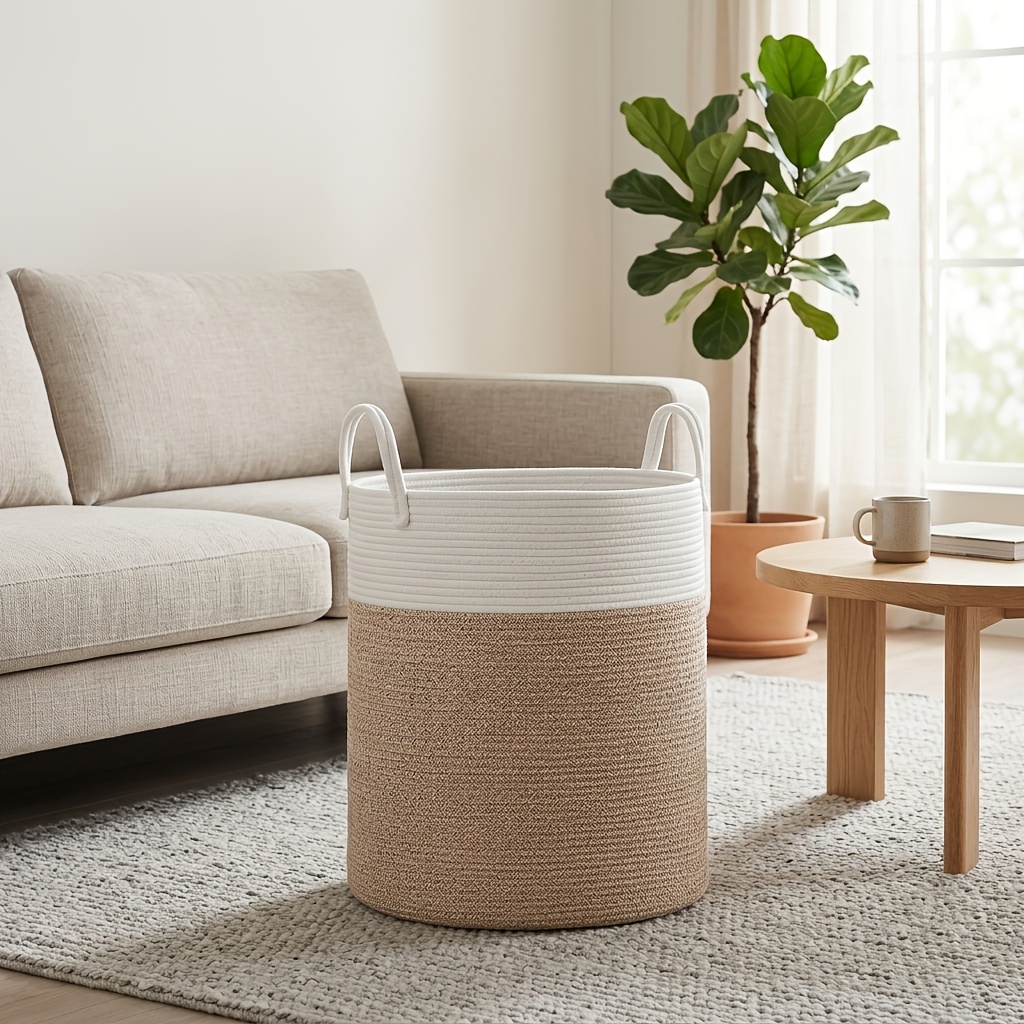 Laundry Basket, Rope Freestanding Hamper With Handles, 60 L Round Laundry Bin For Clothes Blankets Toys, Soft Storage Basket For Bedroom Lounge, Dia. 35 X 50 Cm, White And Brown, Laundry Baskets