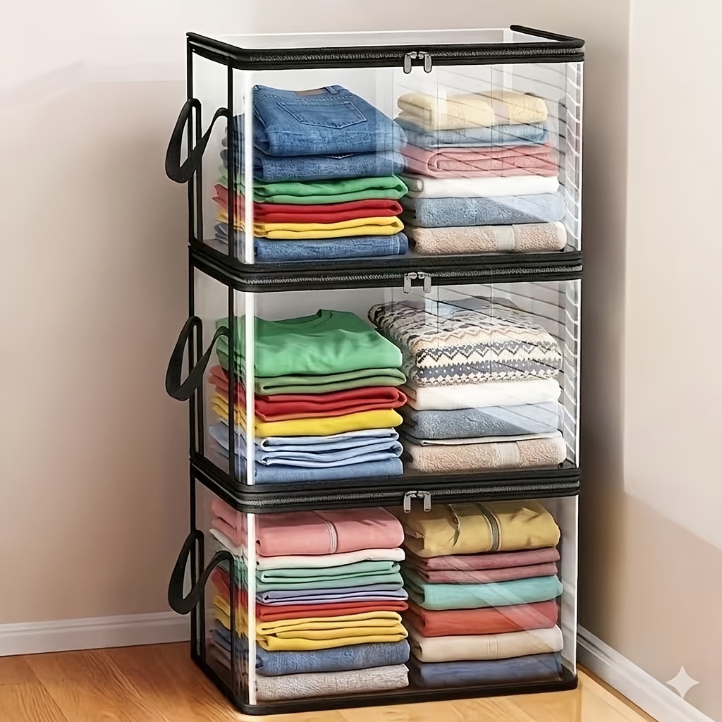 item picture 2pcs 4pcs transparent storage box with   stackable sturdy and durable construction thickened corner design heavy duty pvc organizer bin suitable for books clothes shoes snacks office documents large capacity multi functional clear