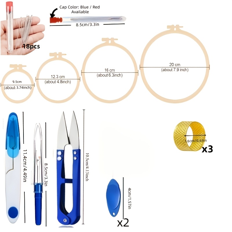 E-shop 1 Set 30-teiliges Stickwerkzeug-Set, 4 runde Stickrahmen, 18 Sticknadeln, 3 Nahttrenner, Kreuzstichrahmen, Bastel- Nähstickrahmen, geeignet für