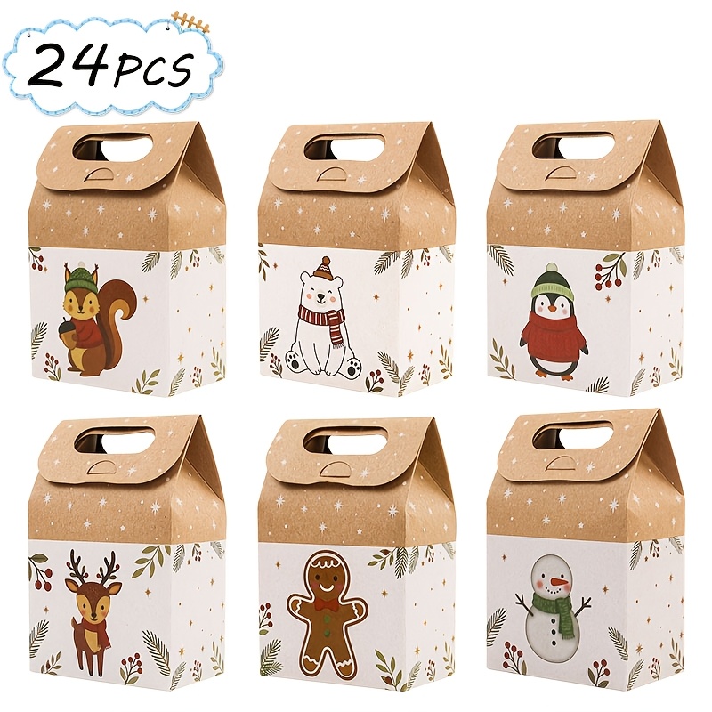 12/24pcs Christmas Gift Boxes With Handles, 6 Cute Winter Animal Pattern Holiday Paper Gift Boxes, Xmas Small Present Wrapping Boxes For Christmas Party Favors, Holiday Gift , Halloween