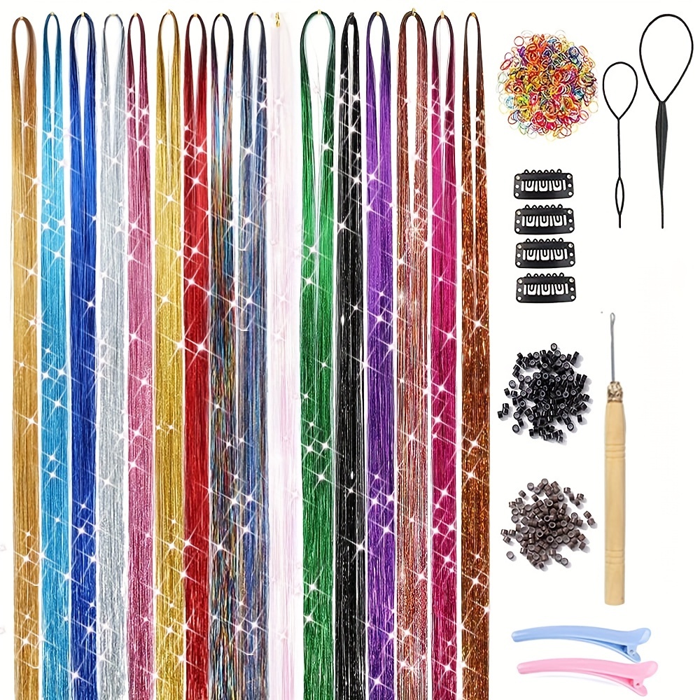 

2400-strand Sparkle Hair Tinsel Kit - 16 Vibrant Colors, Easy Application Tool Included, Long- Glitter Accents For All Hair Types