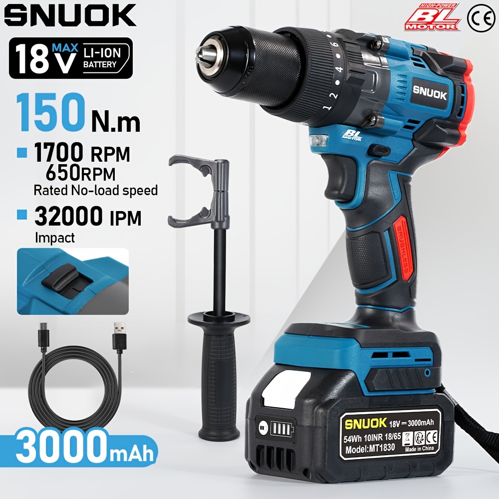 Image of Snuok 150n.m Brushless Electric Drill With 1pc 3000mah Li- Usb Charging, 3-in-1 Home Impact Drill, 20- Professional Electric Screwdriver For Car Repair, Auxiliary Handle, For Makita 18v Battery