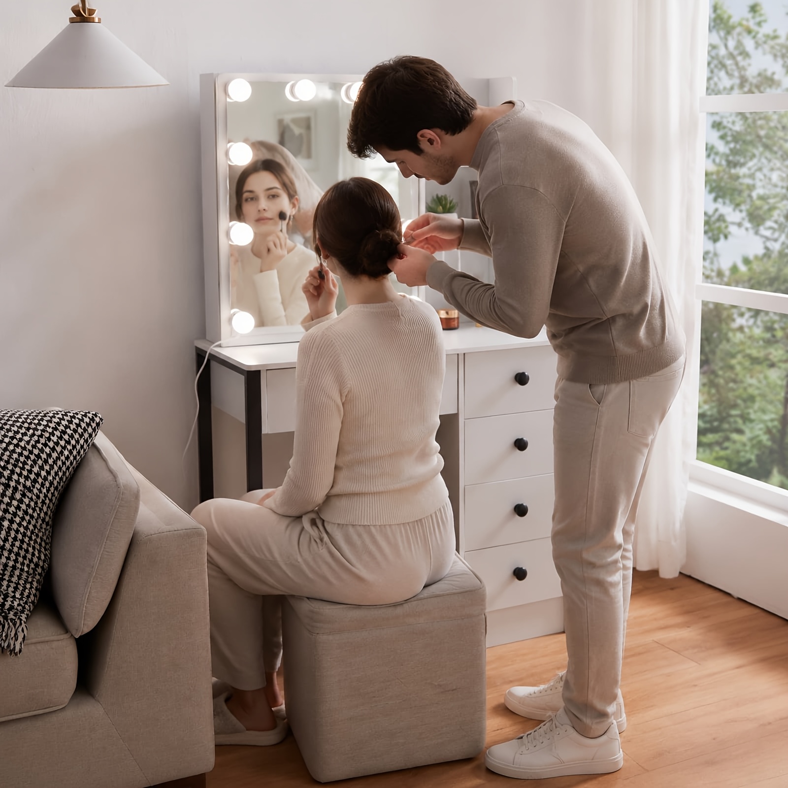 Dressing Table LED Sliding Mirror and Makeup Vanity Table Set