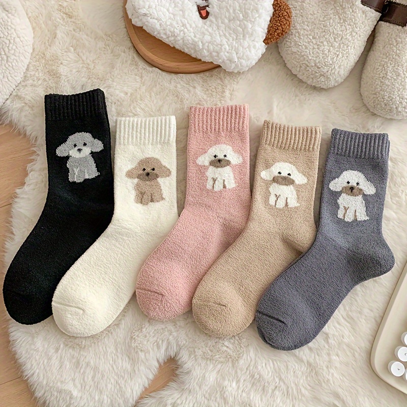 

5 Pairs Women's Cartoon Dog Fuzzy Socks, Warm Korean Style Mid-calf Home Floor Socks, 95% Polyester 5% Spandex, Knit Fabric, Animal Pattern, 300g/m² - Cute Plush Winter Socks Set