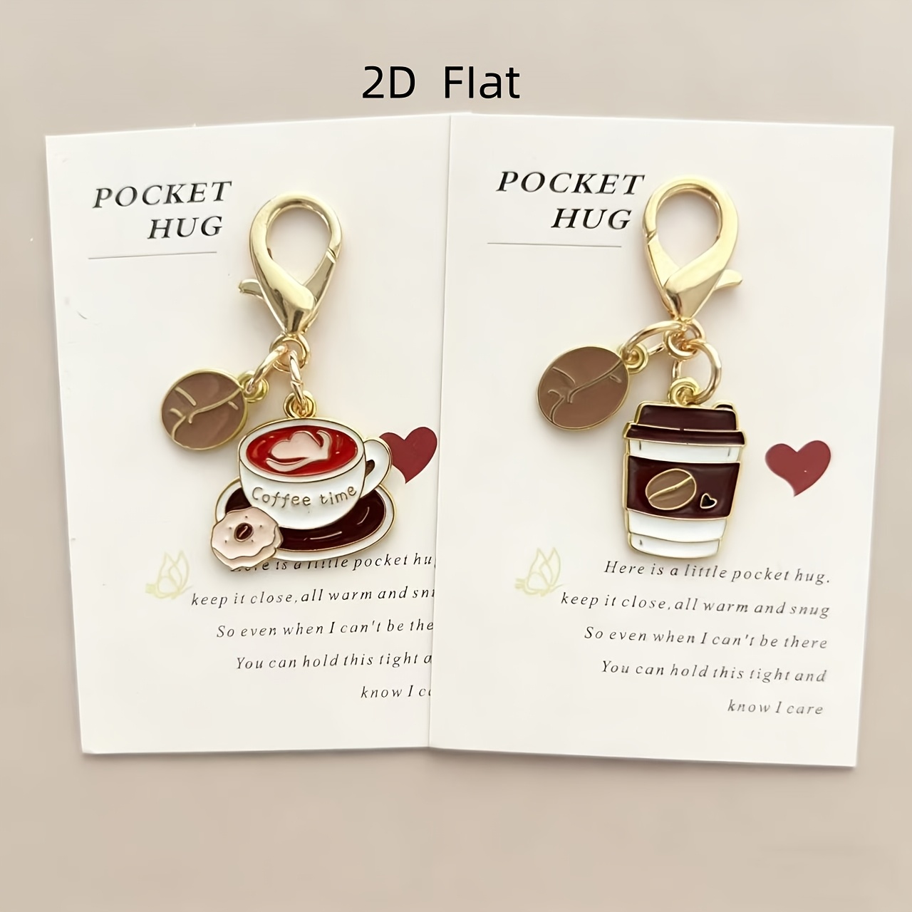 Image of 2d Flat - A Set Of 2 2d Cartoon Keychains Featuring Cups And Coffee Beans, With A Pocket Hug Greeting Card. Alloy Keychains Make Perfect Gifts For At Themed Parties, Birthdays, Weddings, Christmas