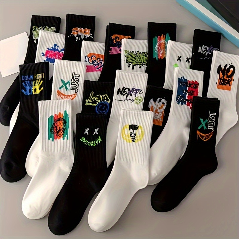 

10 Pairs Graffiti Pattern Mid Calf Boys Socks Crew Breathable Comfy Casual Socks,