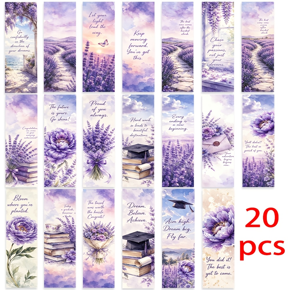 TEMU 20pcs Bookmark Set, Purple Lavender, Floral, Nature, Botanical, Graduation Motivational Quotes, 2d Printed Practical Bookmarks, Daily Reading