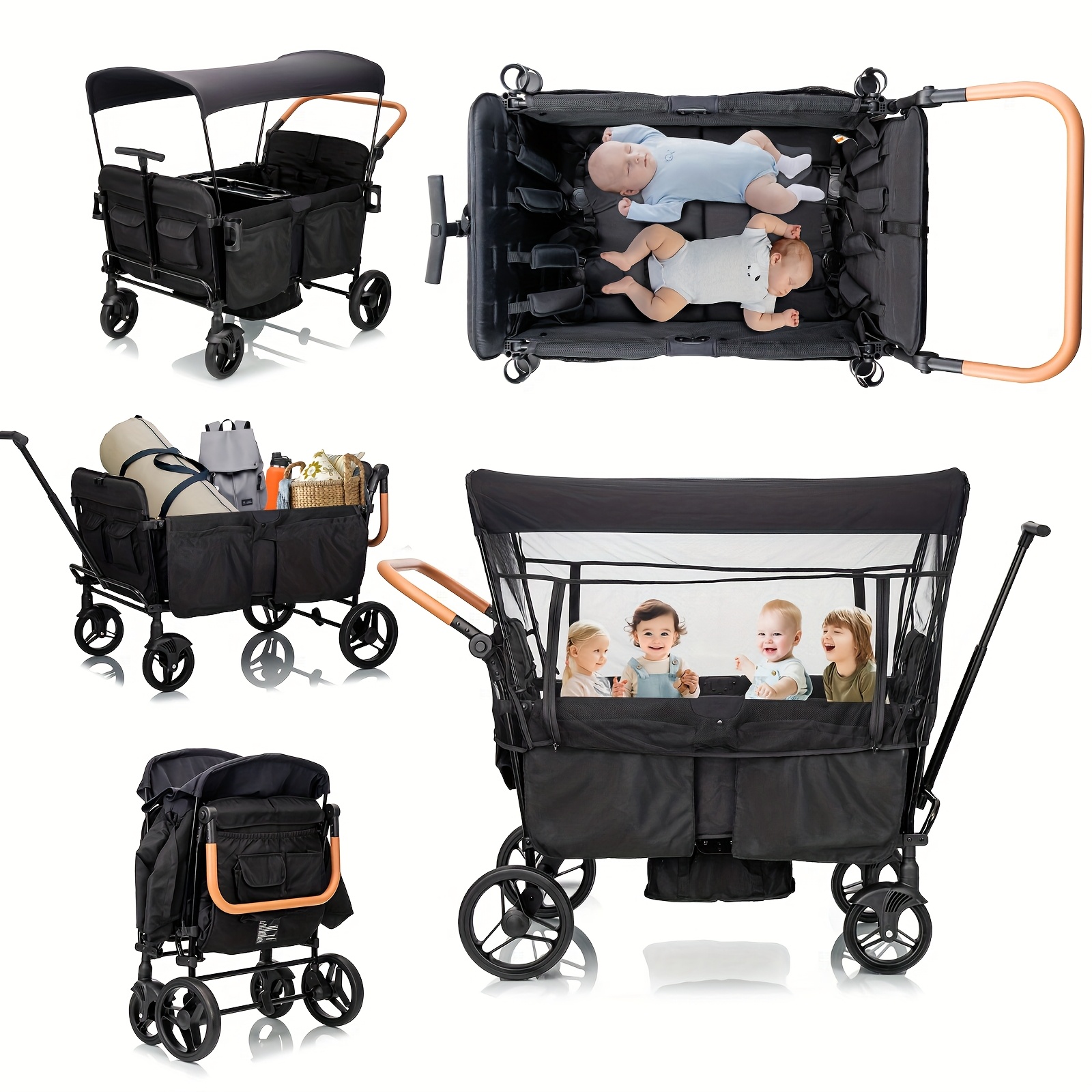 Lightweight Folding Wagon Stroller Designed for Four Children, Featuring a  5-Point Harness, Adjustable Handle, Canopy, Footwells, Tray Table, And Cup  Holder