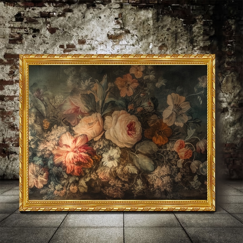 

1pc, Plastic Gold Frame With Frame, 11.8x15.7 Inch, Antique European Floral Tapestry Canvas Wall Art, Floral Weathered Rug Painting Canvas Print Decor Ready To Hang