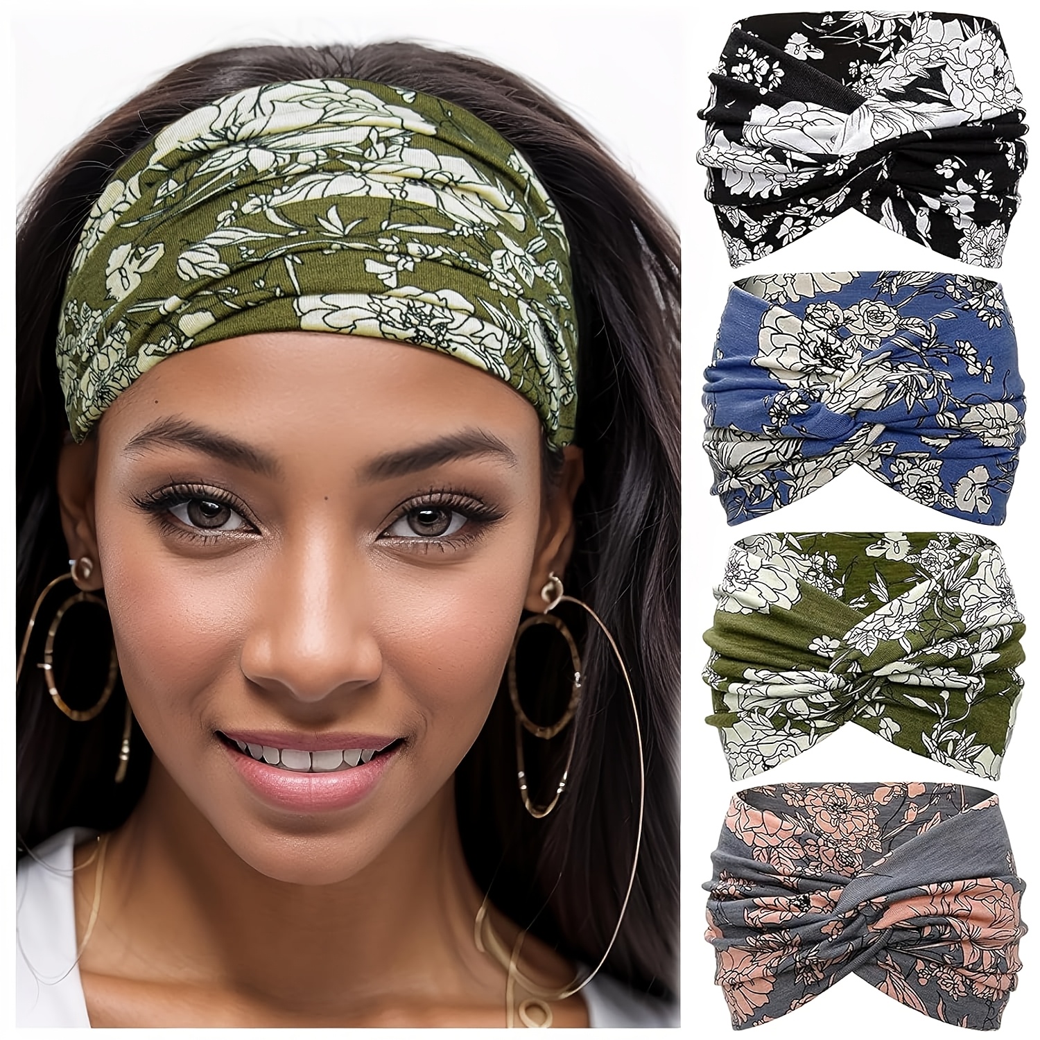 TEMU 4pcs Set Women's Wide Headbands, Knotted Non-slip Soft Wide Headscarves, Hair Additions, Fashionable Floral Bohemian African Solid Color Women's