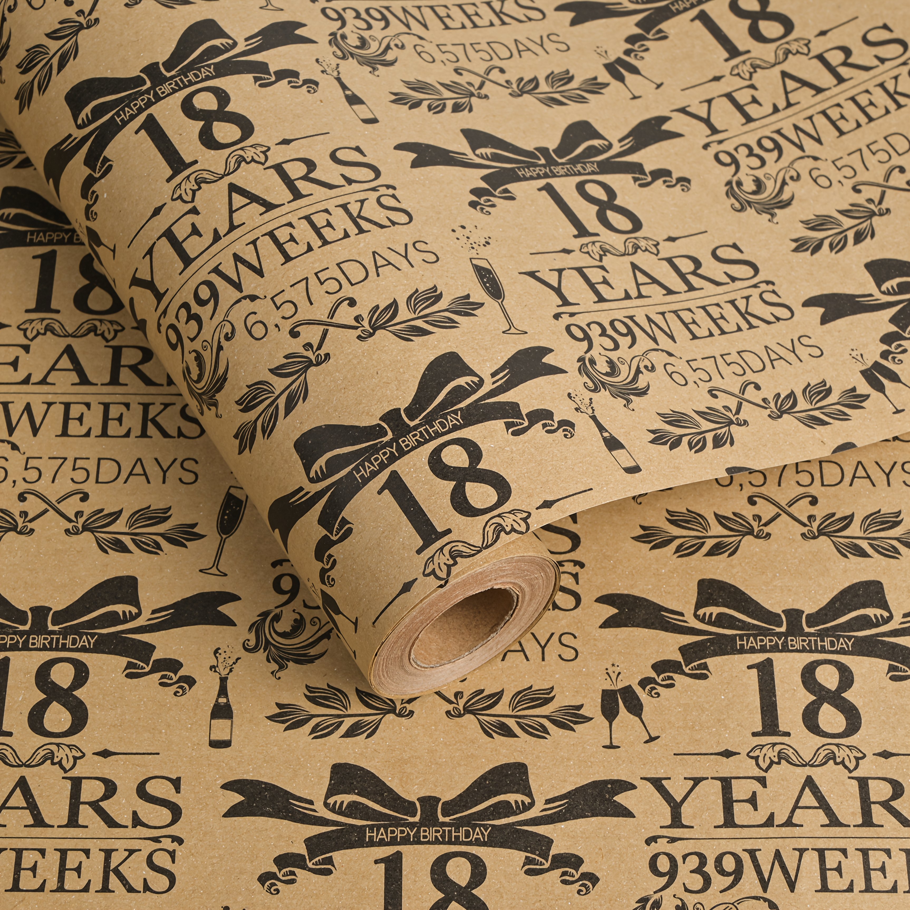 Image of 1 Roll 18th Birthday Gift Wrapping Paper - Vintage Paper With Black 18th Anniversary Design, Suitable For Birthdays, , And Parties, Total Area 28.5 .