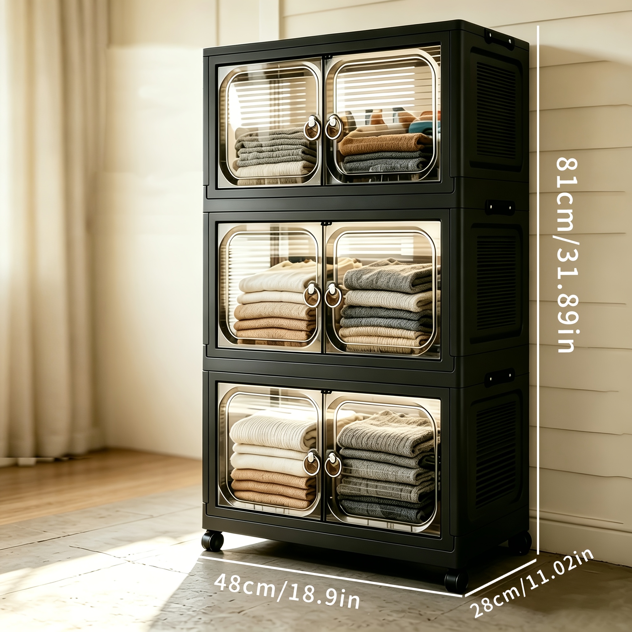 TEMU 3/4/5-tier Stackable Lidded Storage Boxes, Wheeled Plastic Storage Cabinet With Universal Casters, Foldable Bins With Transparent Front Doors.