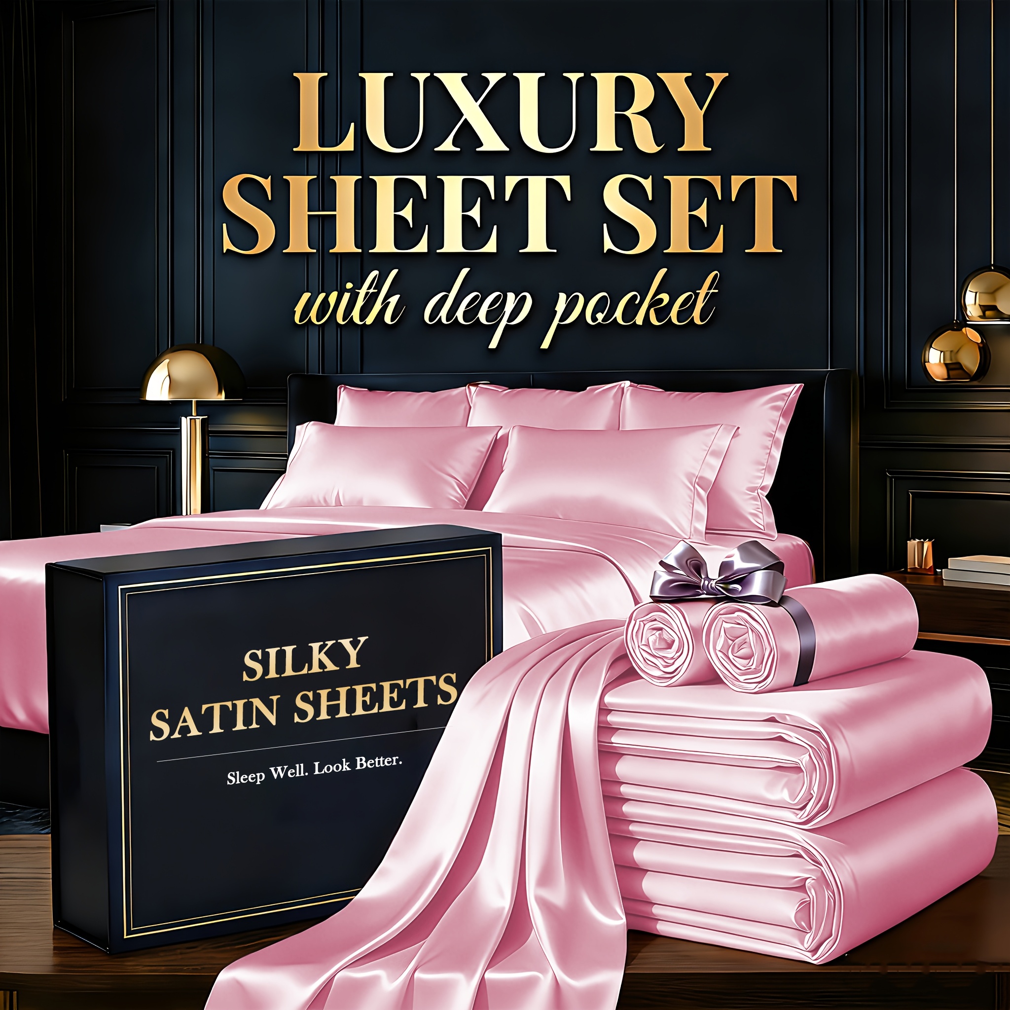TEMU 3/4pcs Cooling Sheets - Satin Bed Sheets Set Queen Size - 2200tc Ultra Soft & Silky Children Sheet & Pillowcase Sets - Deep Pockets - Durable