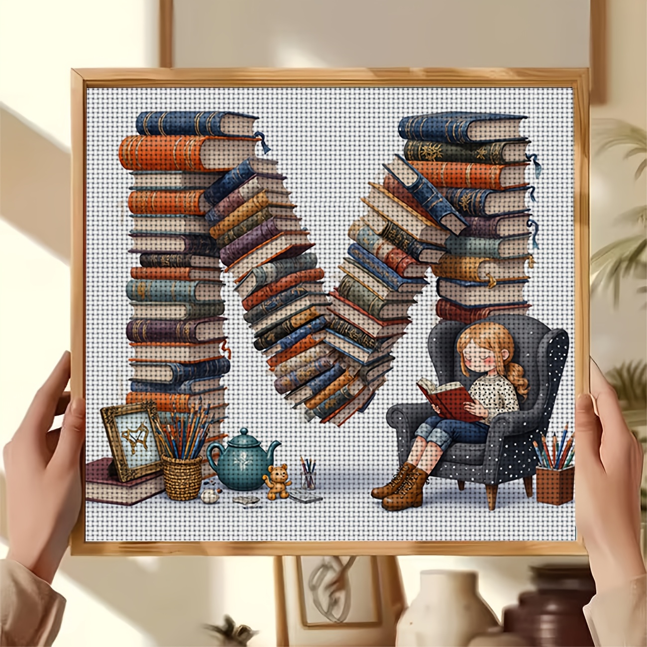 DIY Cross-Stitch Kit, 'Sitting by an M-shaped Stack of Books'