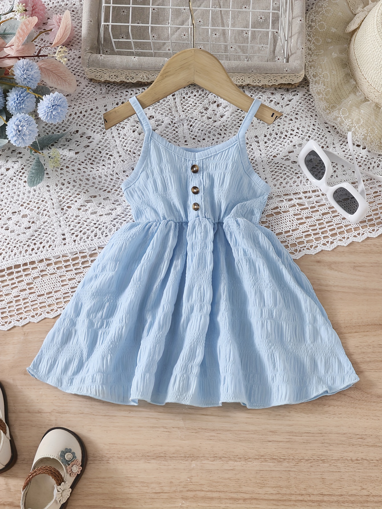 Toddler Girl Solid Color Button Design Belted Short-sleeve Dress