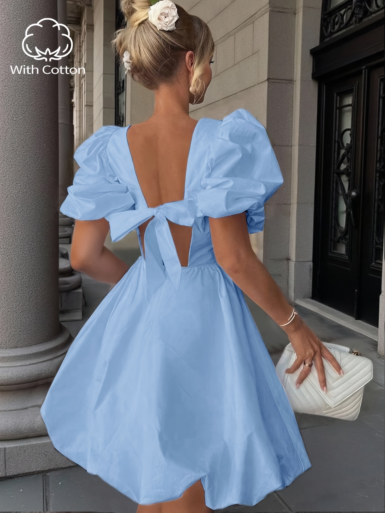 puff sleeve backless dress bow womens cinched Mini dress