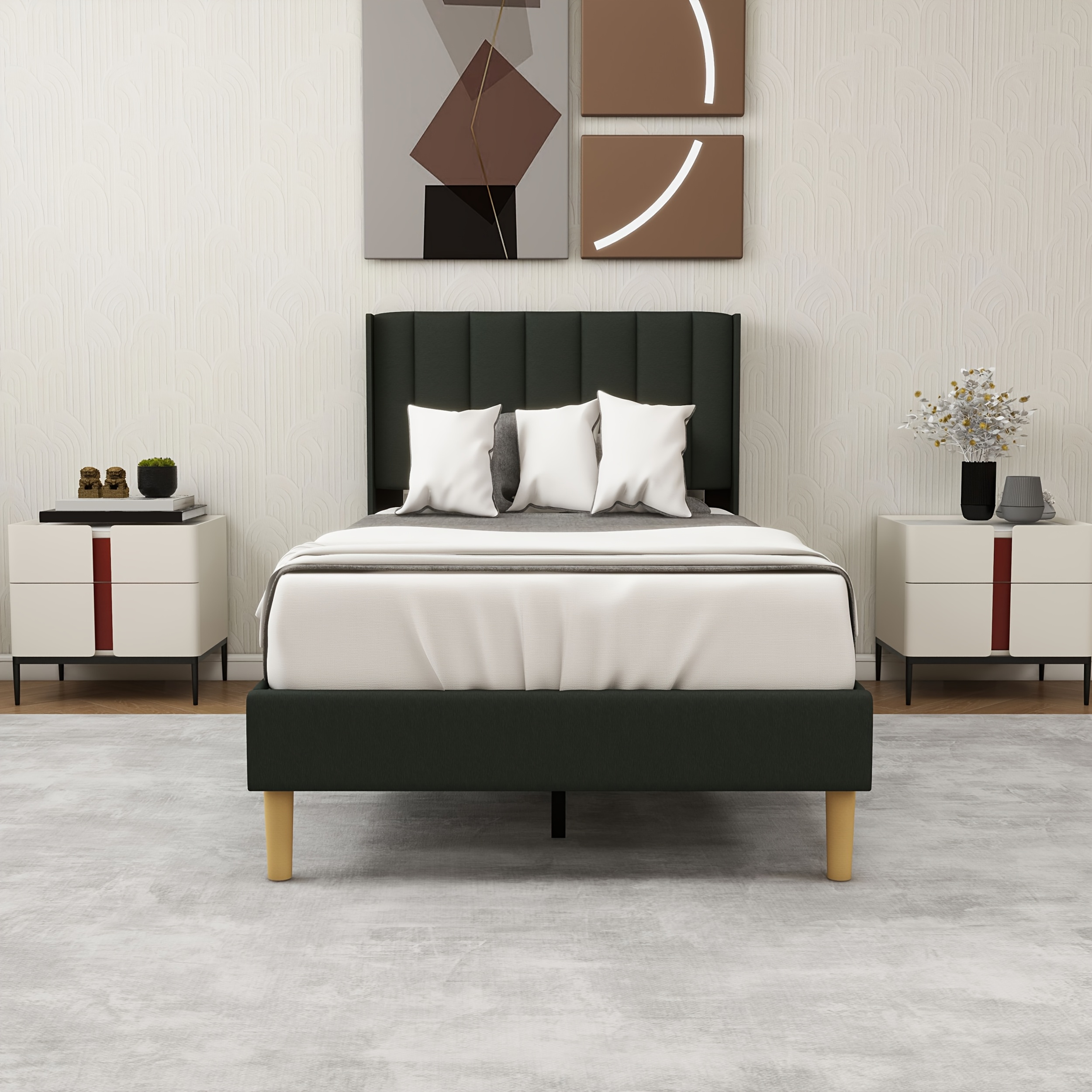 TEMU Tuconia Wholesale Upholstered Platform Bed Frame With Headboard, Mattress Foundation, Strong Wooden Slats Support Easy Assembly Spring Needed