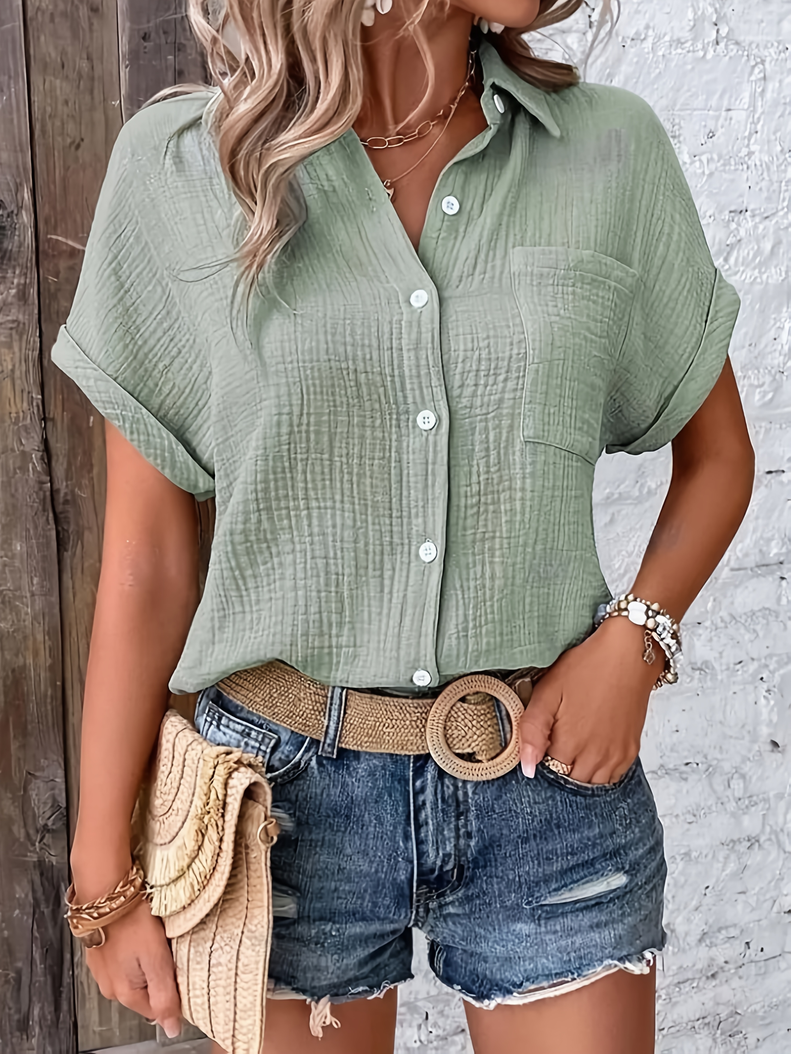   [clean bust size] dames shirt met kraag   textuur casual korte mouw regular fit lichtgewicht ademend zomer top