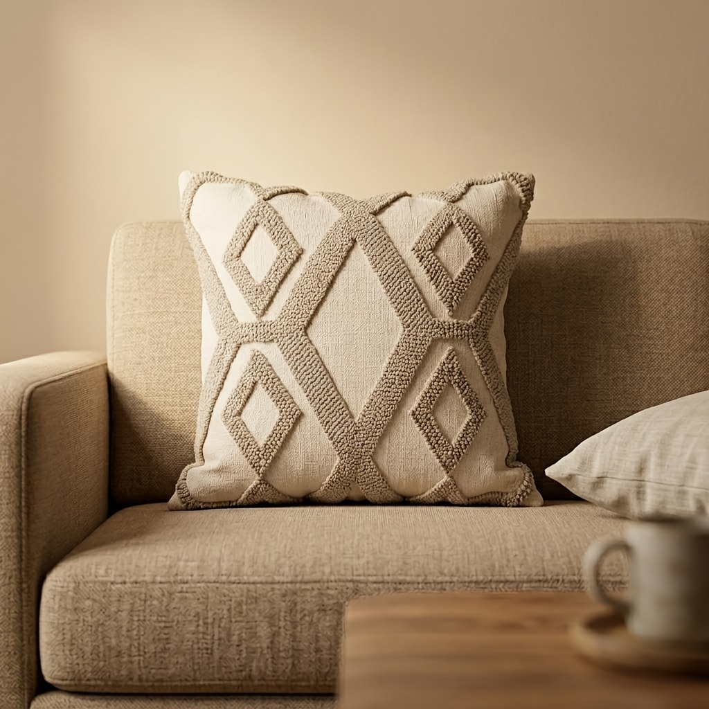 Light Luxury Minimalist Wabi-Sabi Style Living Room Sofa Throw Pillow Pillowcase, Geometric Loop Pile Back Cushion, Bedside Bolster with Insert