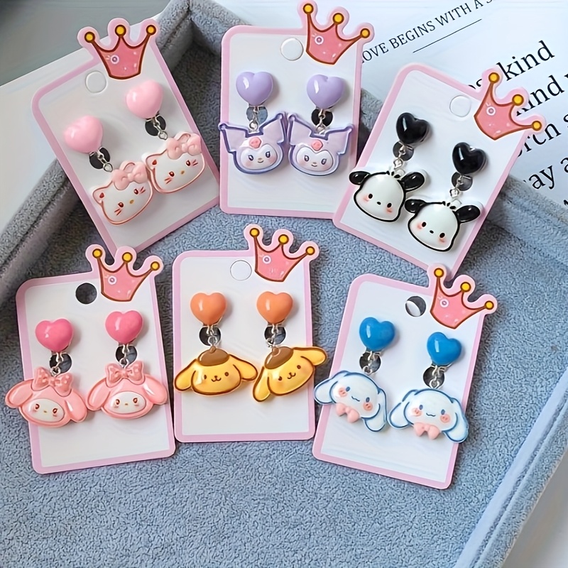 

6pcs Sanrio Cartoon Novelty Earrings, , Hello Kitty, Dog&sweet And Fresh Plastic Pendant Earrings Suitable For Girls And Ladies, Suitable For Daily Wearing And Queuing, Ideal Holiday Gifts