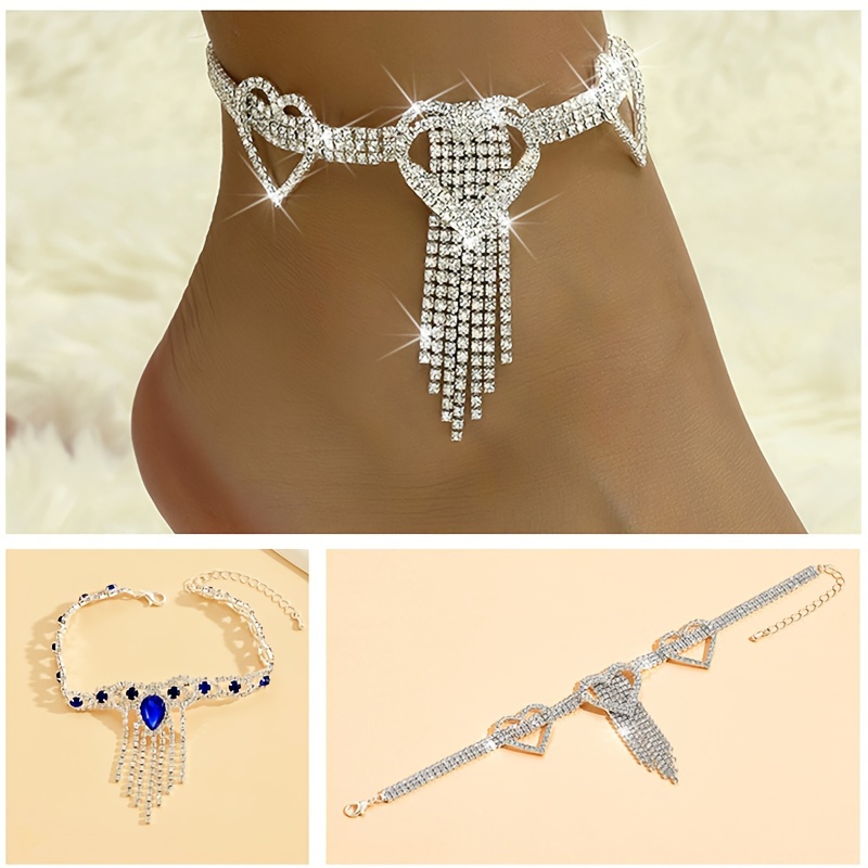 

1/2pcs Tassel Hollow Love Heart Claw Chain Anklet, Inlaid Shiny Rhinestone Foot Jewelry, A Stylish Foot Adornment For Fashionable Women, Dazzling Rhinestone Anklet