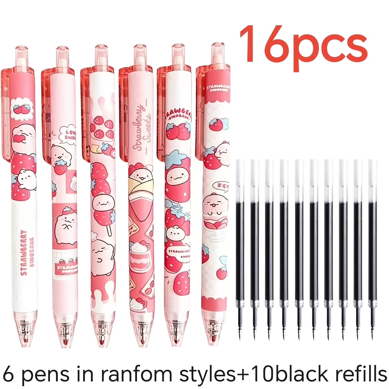 TEMU 16pcs Strawberry Pattern Retractable Gel Pen Set, 0.5mm Tip - Suitable For Writing And Drawing, Quick-drying, Black Ink Refill, Essential For