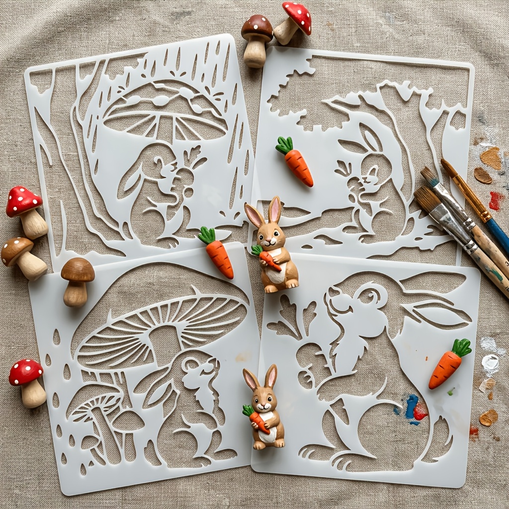 TEMU 4pcs Set Rabbit Hollow Stencil - White Rabbit Holding Carrot, Mushroom, And Cartoon Fun Pattern Painting Template, Art And Craft Tool, Suitable