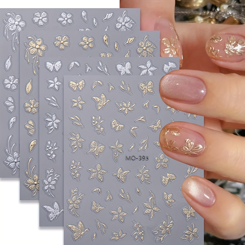 

4pcs Golden & Silvery Floral Embossed Nail Art Stickers - Self-adhesive, Hypoallergenic Decals For Diy Manicure, Nail Stickers, Mo393-394