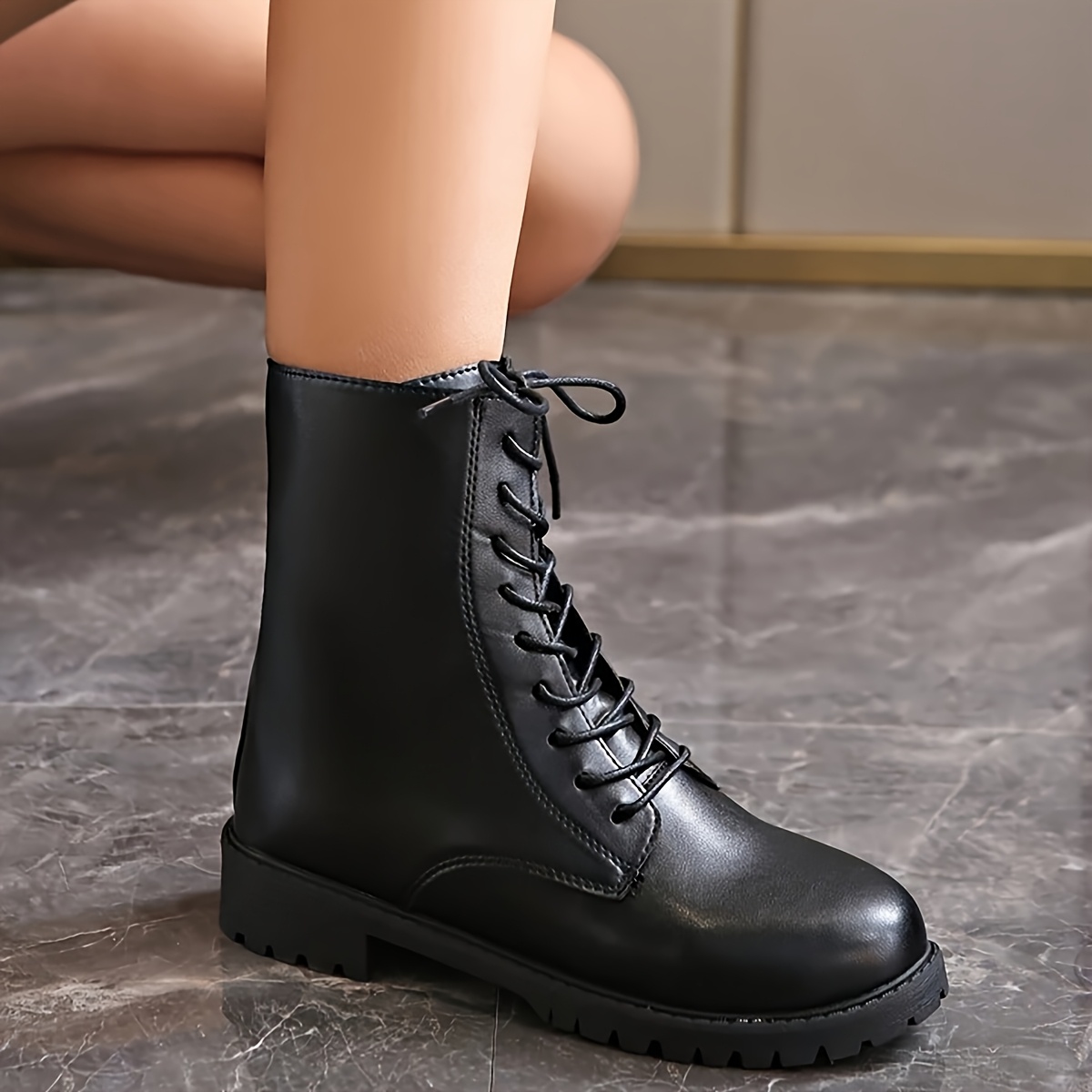 Botas Cordones Media Caña Negras Mujer Boot Botin Negro CaÃ±a Alta