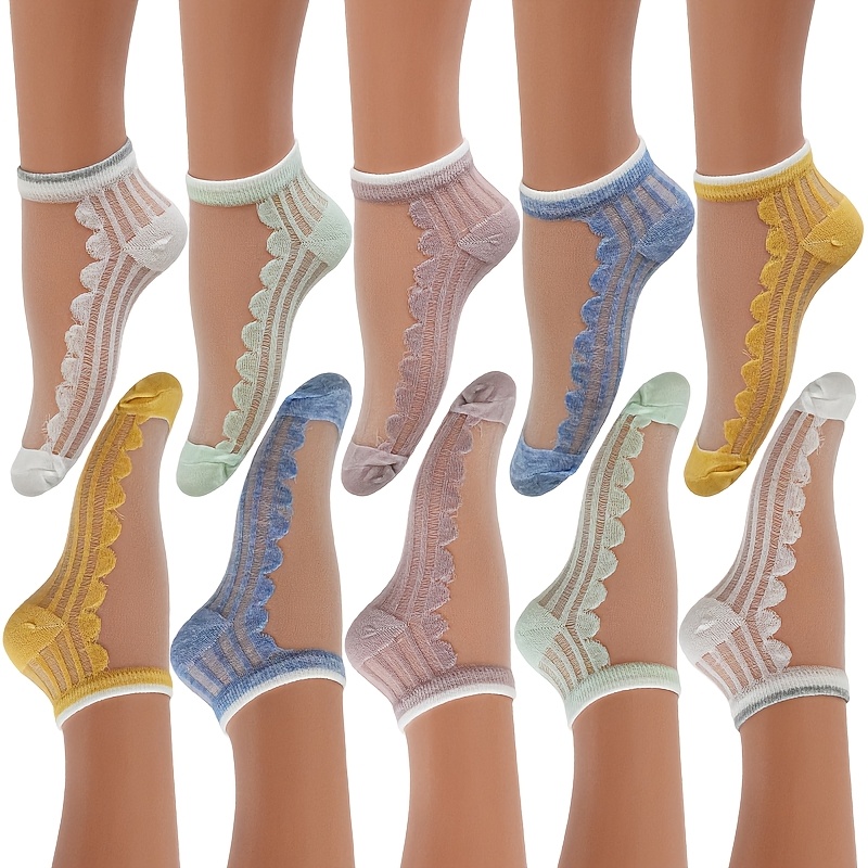 E-shop 10 Paar Sommer Damen Dünne Atmungsaktive Schweißabsorbierende Wellenförmige Karten Transparente Kurze Socken aus Glas, Einfach, Cool und Bequem